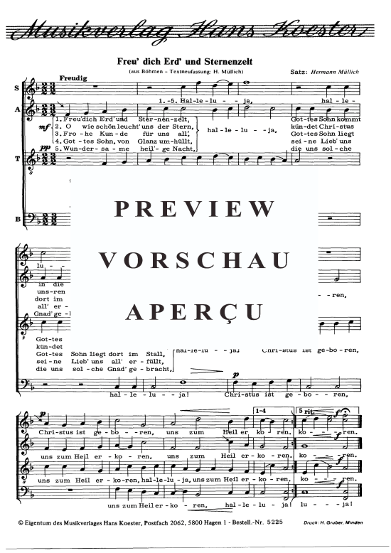 Freu dich Erd und Sternenzelt (Gemischter Chor) (Gemischter Chor) von Volksgut (Satz Hermann M uuml llich)