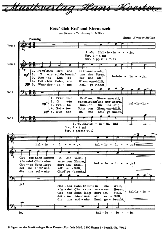 Freu dich Erd und Sternenzelt (M auml nnerchor) (M nnerchor) von Volksgut (Satz Hermann M uuml llich)