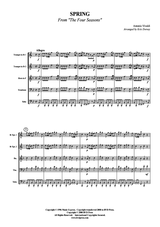 Fr hling aus Vier Jahreszeiten (Blechbl serquintett) (Quintett (Blech Brass)) von Antonio Vivaldi (arr. Dorsey)