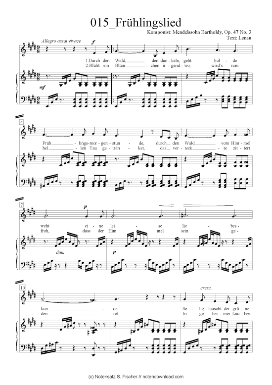 Fr hlingslied (Klavier + Gesang) (Klavier  Gesang) von Felix Mendelssohn Bartholdy (1809-1947)