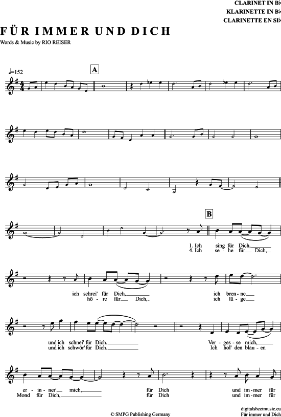 F r Immer Und Dich (Klarinette in B) (Klarinette) von Rio Reiser