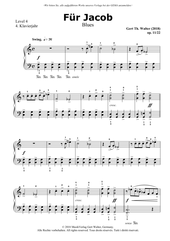 F r Jacob (Klavier Solo - Level 4 - 4.Klavierjahr) (Klavier Solo) von Gert Th. Walter