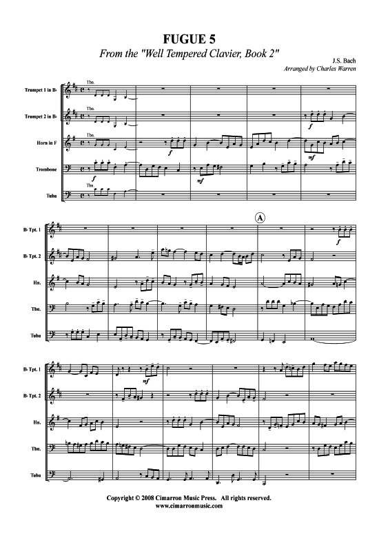 Fuga Nr. 5 aus Wohltemp. Klavier 2 (Blechbl auml serquintett) (Quintett (Blech Brass)) von J. S. Bach