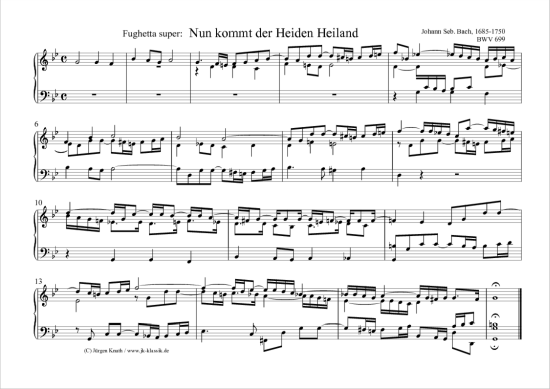 Fughetta super Nun kommt der Heiden Heiland BWV 699 (Klavier Cembalo Orgel Solo) (Klavier Solo) von Johann Sebastian Bach