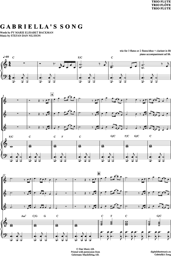Gabriellas Song (Fl ten Trio + Klavier) (Trio (Fl te)) von Helen Sj holm (Filmmusik aus Wie im Himmel) 