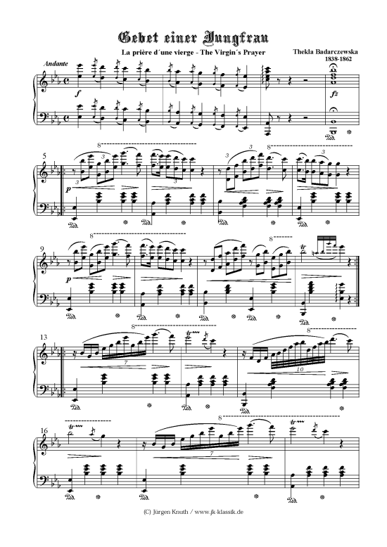 Gebet einer Jungfrau (Klavier Solo) (Klavier Solo) von Thekla Badarczewska (1838-1862)