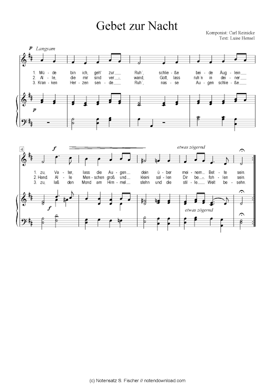 Gebet zur Nacht (Klavier + Gesang) (Klavier  Gesang) von Carl Reinecke  Luise Hensel