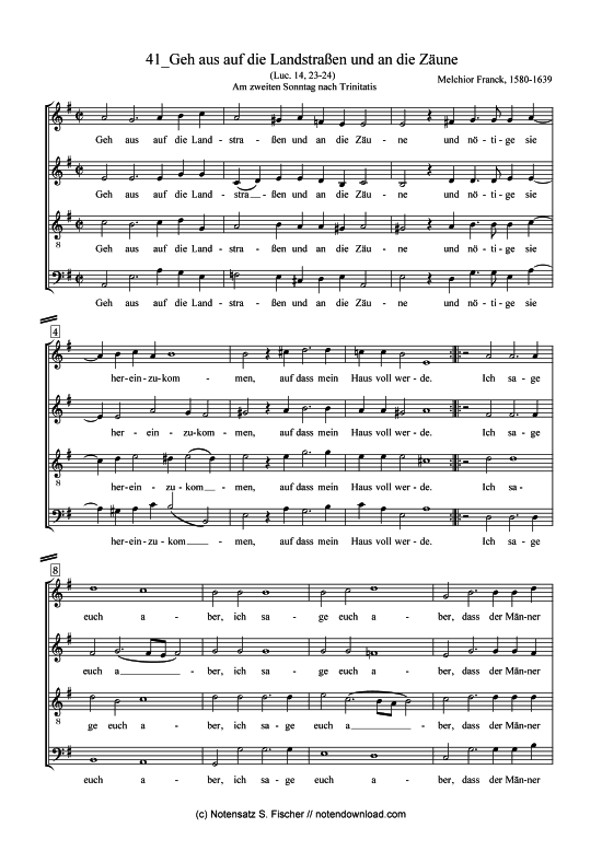 Geh aus auf die Landstra en und an die Z une (Gemischter Chor) (Gemischter Chor) von Melchior Franck (1580-1639)
