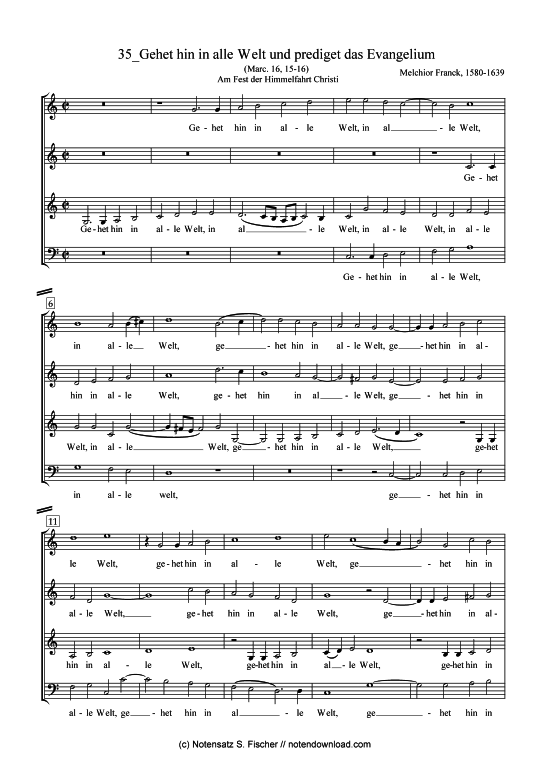 Gehet hin in alle Welt und prediget das Evangelium (Gemischter Chor) (Gemischter Chor) von Melchior Franck (1580-1639)