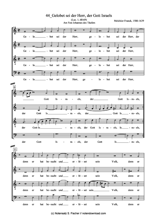 Gelobet sei der Herr der Gott Israels (Gemischter Chor) (Gemischter Chor) von Melchior Franck (1580-1639)