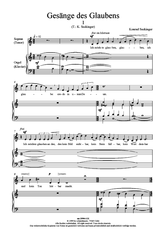 Ges nge des Glaubens (Sopran Tenor + Orgel) (Orgel  Gesang) von Konrad Seckinger (Liederzyklus 5 S tze)