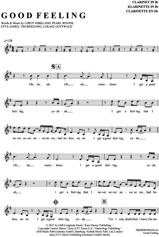 Good Feeling (Klarinette in B) (Klarinette) von Flo Rida