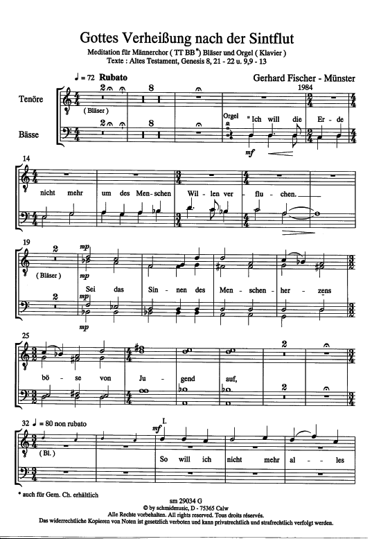 Gottes Verheissung nach der Sindflut (M auml nnerchor-Ausgabe) (Gemischter Chor Bl ser Orgel) von Gerhard Fischer M uuml nster (nach Gen 8 21-22 amp 9 9-13)