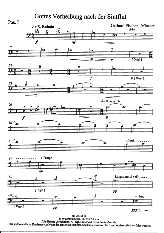 Gottes Verheissung nach der Sindflut (Posaune 1 - Einzelstimme) (Gemischter Chor Bl ser Orgel) von Gerhard Fischer M uuml nster (nach Gen 8 21-22 amp 9 9-13)