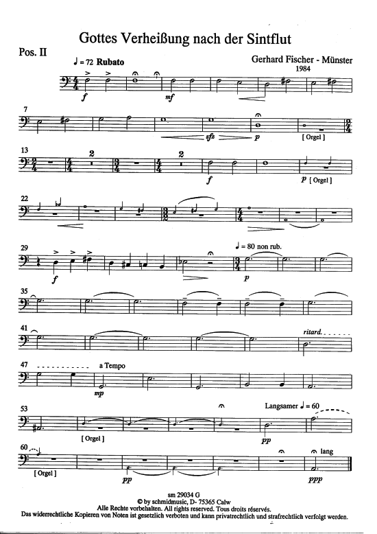 Gottes Verheissung nach der Sindflut (Posaune 2 - Einzelstimme) (Gemischter Chor Bl ser Orgel) von Gerhard Fischer M uuml nster (nach Gen 8 21-22 amp 9 9-13)