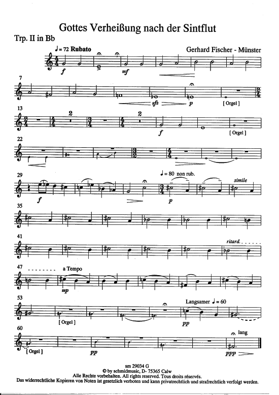 Gottes Verheissung nach der Sindflut (Trompete 2 - Einzelstimme) (Gemischter Chor Bl ser Orgel) von Gerhard Fischer M uuml nster (nach Gen 8 21-22 amp 9 9-13)