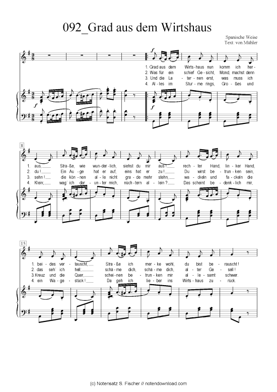 Grad aus dem Wirtshaus (Klavier + Gesang) (Klavier  Gesang) von Spanische Weise  von M hler