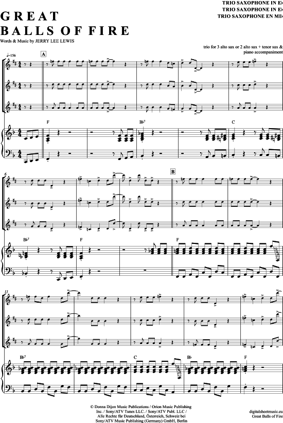 Great balls of fire (Saxophon Trio AAA(T) + Klavier) (Trio (Saxophon)) von Jerry Lee Lewis