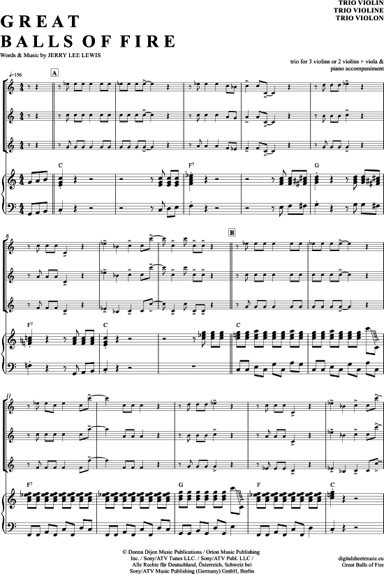 Great balls of fire (Violinen Trio + Klavier) (Trio (Violine)) von Jerry Lee Lewis