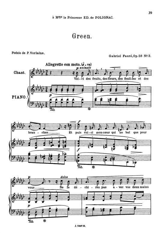 Green Op.58 No.3 (Gesang mittel + Klavier) (Klavier  Gesang mittel) von Gabriel Faur eacute 