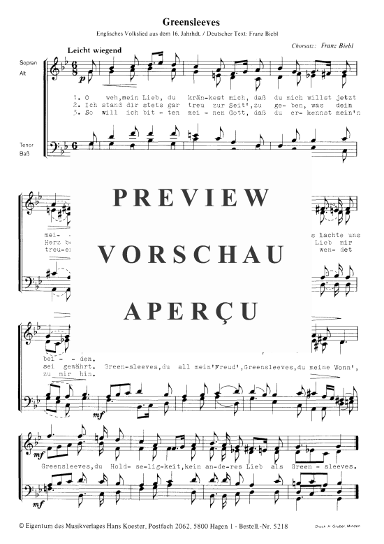 Greensleeves (Gemischter Chor) (Gemischter Chor) von Satz Franz Biebl