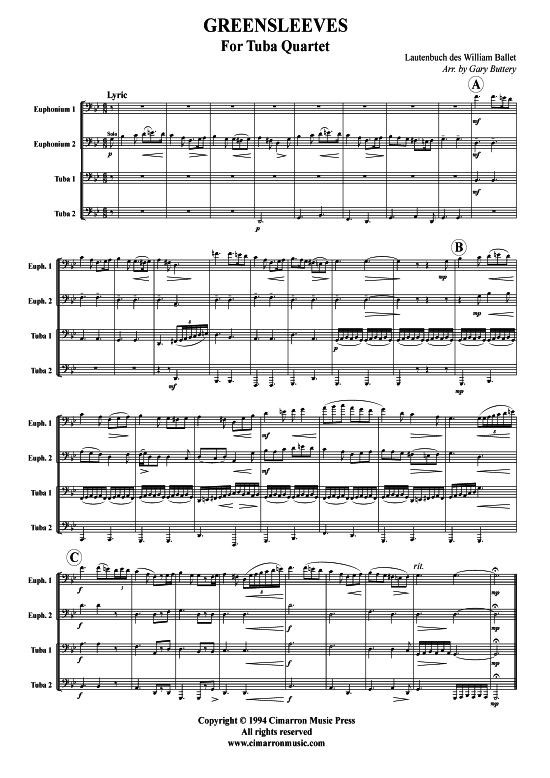 Greensleeves (Tuba Quartett 2x Bariton 2xTuba) (Quartett (Tuba)) von Traditional