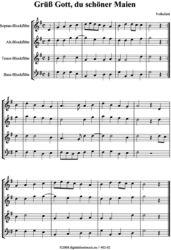 Gr Gott du sch ner Maien - 4 BFL (Blockfl te) von Volkslied