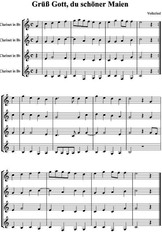 Gr Gott du sch ner Maien (4 Klarinetten) (Quartett (4 St.)) von Volkslied