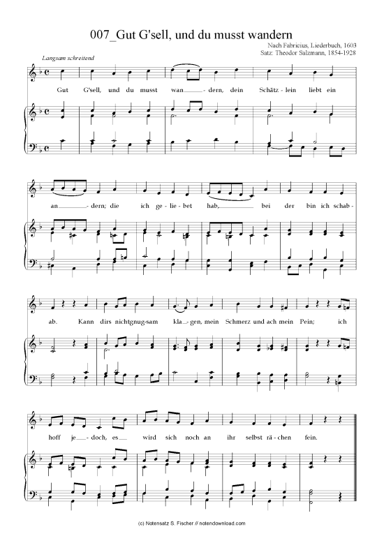 Gut G sell und du musst wandern (Klavier + Gesang) (Klavier  Gesang) von Nach Fabricius Liederbuch 1603 
