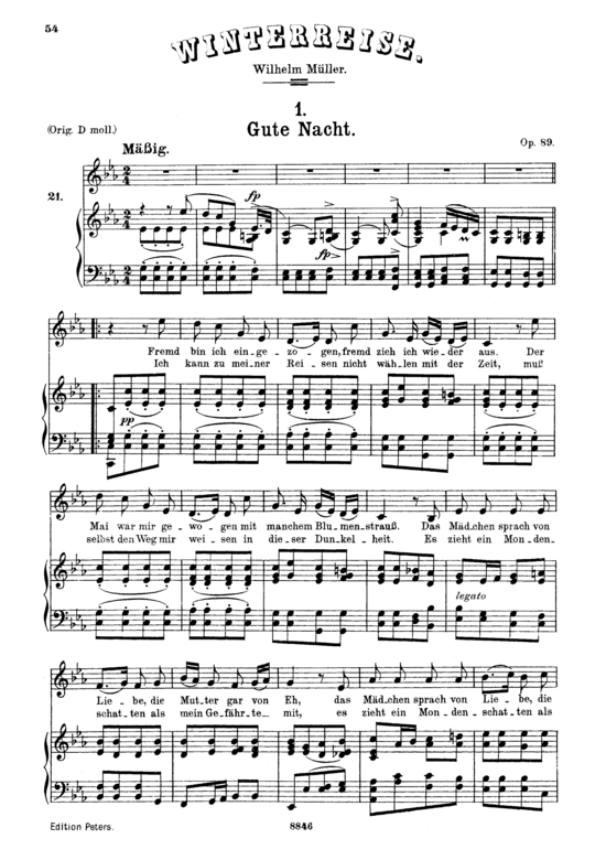 Gute Nacht D.911-1 (Winterreise) (Gesang mittel + Klavier) (Klavier  Gesang mittel) von Franz Schubert