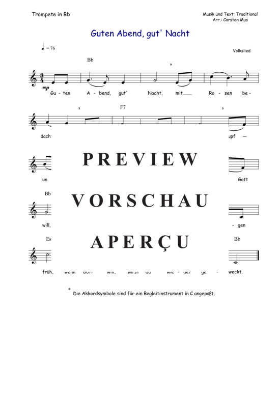 Guten Abend gut  Nacht (C - Dur) (Trompete in B Solo + Akkorde) (Trompete) von Traditional
