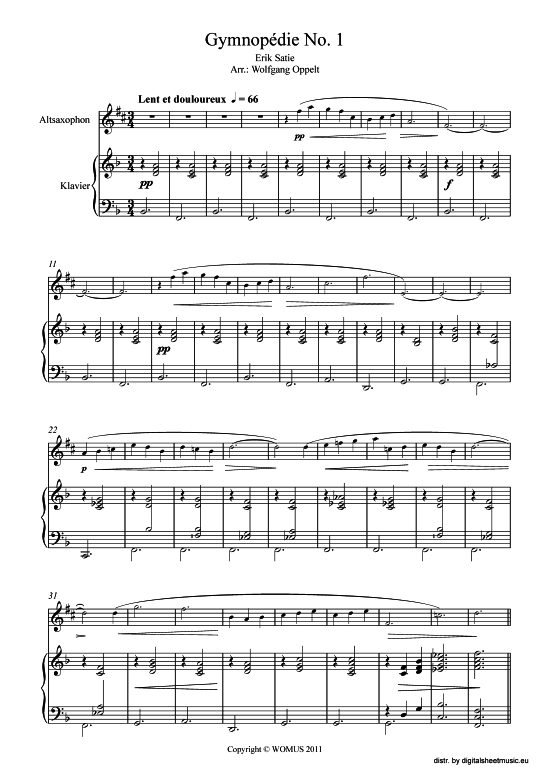 Gymnopedie No. 1 (Alt Bariton Saxophon + Klavier Orgel) (Klavier  Alt Saxophon) von Erik Satie (arr. WO)