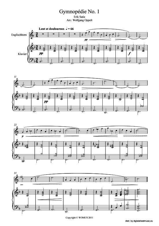 Gymnopedie No. 1 (Englischhorn + Klavier Orgel) (Klavier  Englischhorn) von Erik Satie (arr. WO)