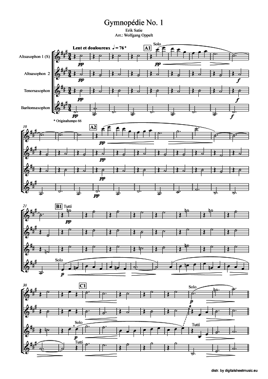 Gymnopedie No. 1 (Saxophon Quartett A(S)ATB) (Quartett (Saxophon)) von Erik Satie (arr. WO)