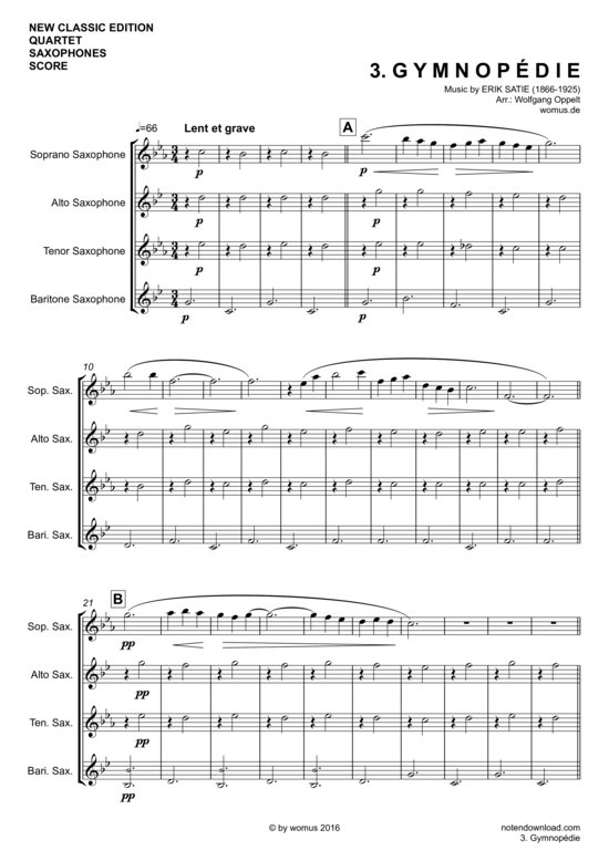 Gymnopedie No. 3 (Saxophon Quartett SATB) (Quartett (Saxophon)) von Erik Satie (arr. WO)