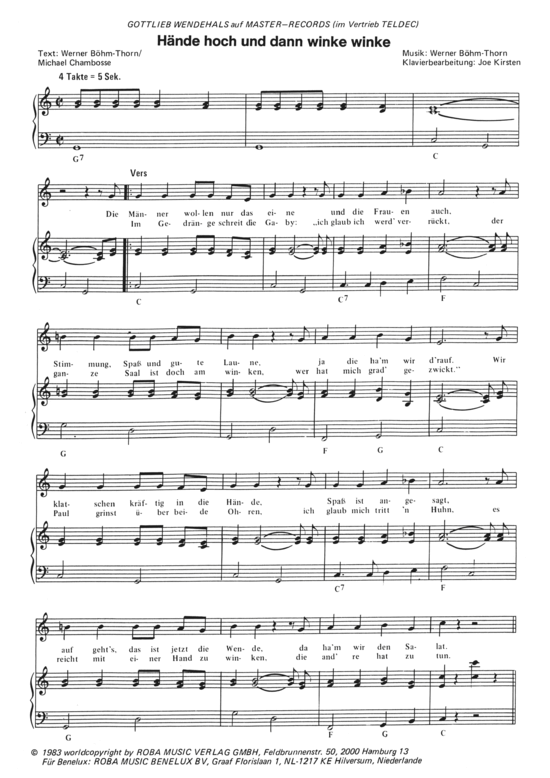 H auml nde hoch und dann winke winke (Klavier + Gesang) (Klavier Gesang  Gitarre) von Gottlieb Wendehals