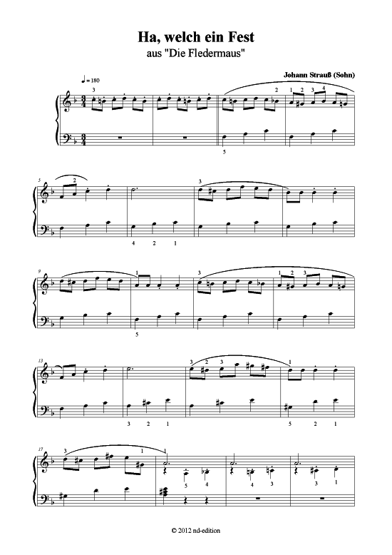 Ha welch ein Fest (Klavier solo einfach) (Klavier einfach) von Johann Strau (Sohn) (bearb. Aus Die Fledermaus)