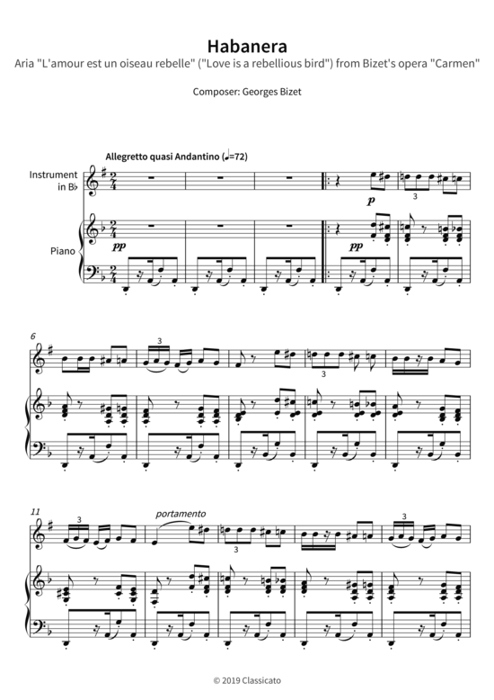 Habanera - Aria L amour est un oiseau rebelle (Love is a rebellious bird) from Bizet s opera Carmen (Instrument in B + Klavier) (Klavier  Melodieinstr.) von Georges Bizet