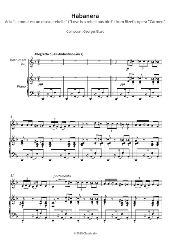 Habanera - Aria L amour est un oiseau rebelle (Love is a rebellious bird) from Bizet s opera Carmen (Klavier + Instrument in C)) (Klavier  Melodieinstr.) von Georges Bizet