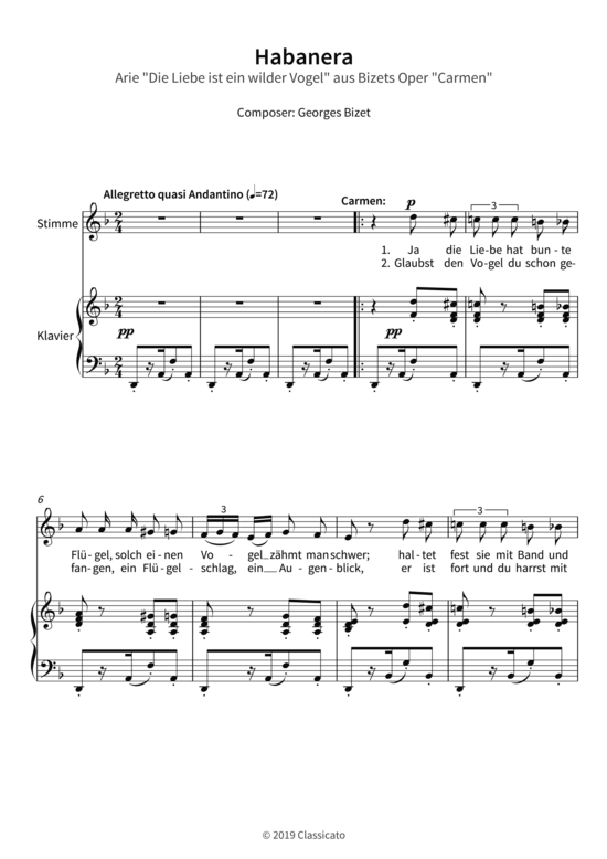 Habanera - Arie Die Liebe ist ein wilder Vogel aus Bizets Oper Carmen (Gesang + Klavier) (Klavier  Gesang) von Georges Bizet