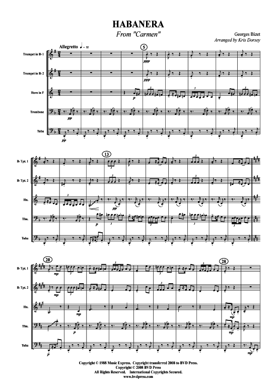 Habanera aus Carmen (Blechbl serquintett) (Quintett (Blech Brass)) von Georges Bizet (arr. Dorsey)