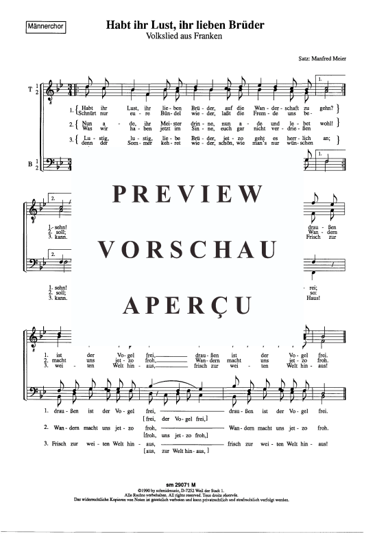 Habt ihr Lust ihr lieben Br uuml der (M auml nnerchor) (M nnerchor) von Traditional (Satz Manfred Meier)