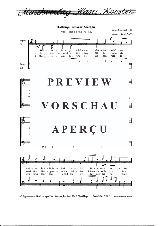 Halleluja sch ouml ner Morgen (Gemischter Chor) (Gemischter Chor) von Traditional (Satz Franz Biebl)