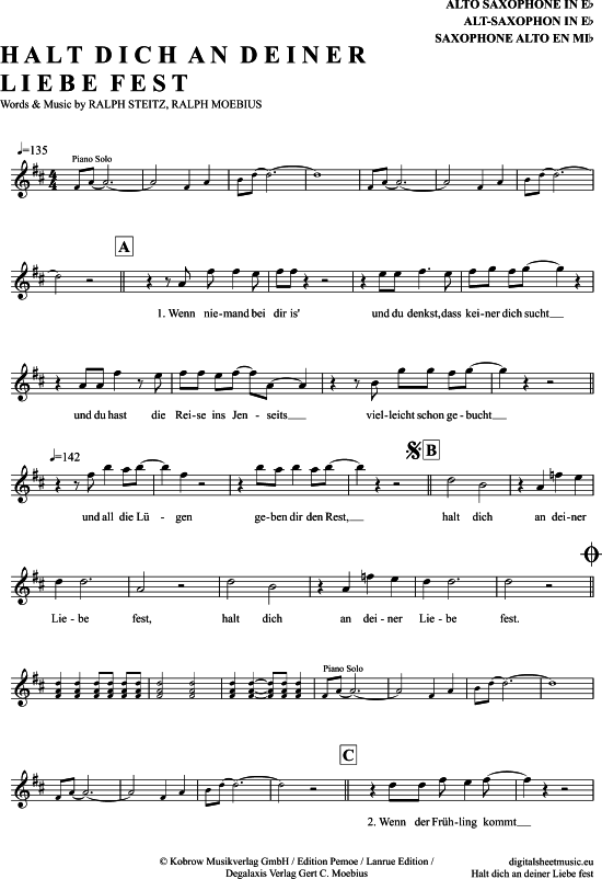 Halt Dich An Deiner Liebe Fest (Alt-Sax) (Alt Saxophon) von Ton Steine Scherben