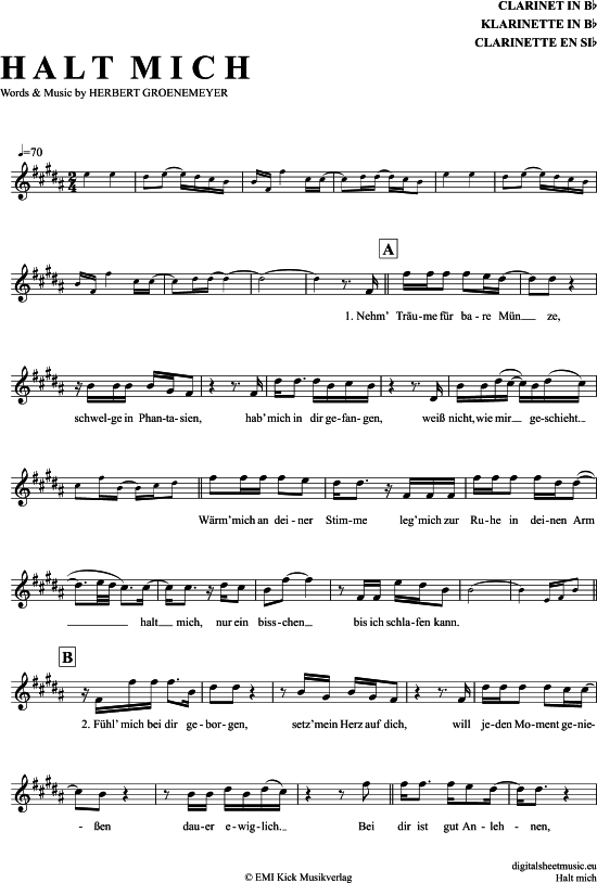 Halt Mich (Klarinette in B) (Klarinette) von Herbert Gr nemeyer