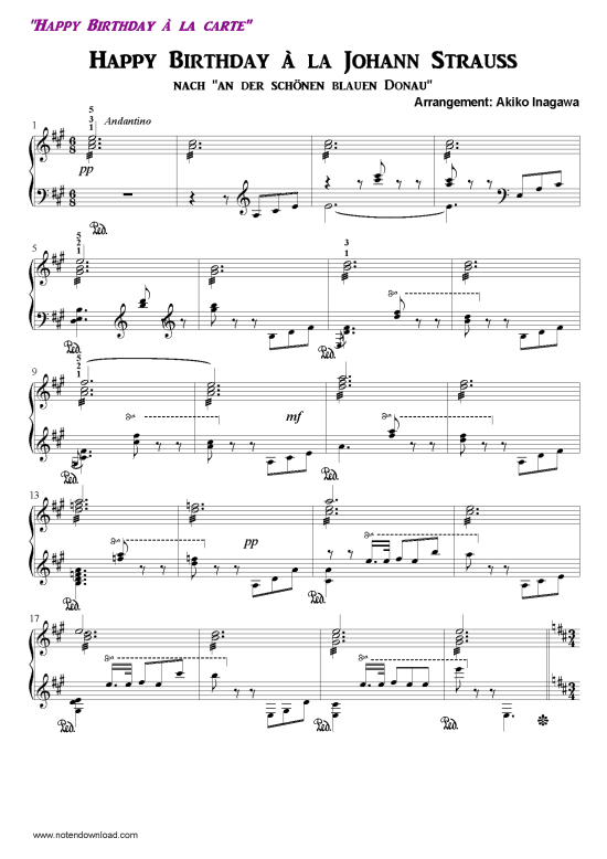 Happy Birthday  la Strauss (Klavier Solo) (Klavier Solo) von Johann Strauss (arr. Akiko Inagawa)