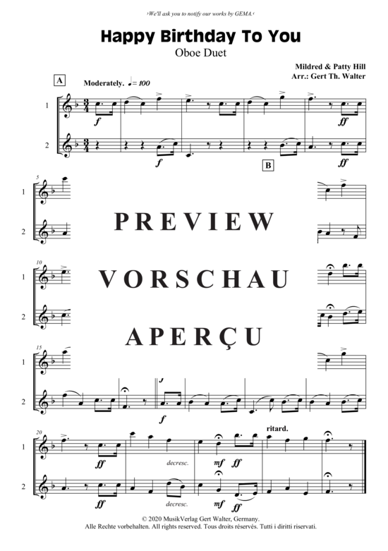 Happy Birthday To You (Oboen Duett) (Duett (Oboe)) von Mildred Hill Patty Hill