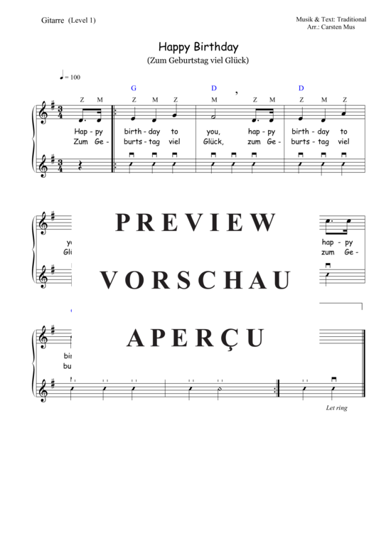 Happy Birthday - Zum Geburtstag viel Gl ck (Gitarre G - Dur) (Melodie+Begleitung Level 1) (Gitarre Solo) (Gitarre) von Traditional