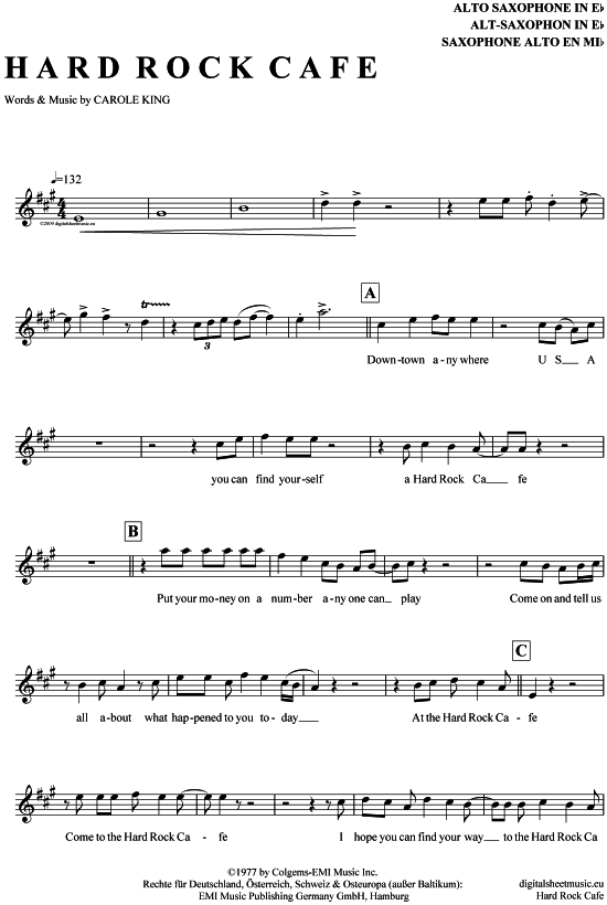 Hard Rock Cafe (Alt-Sax) (Alt Saxophon) von Carole King