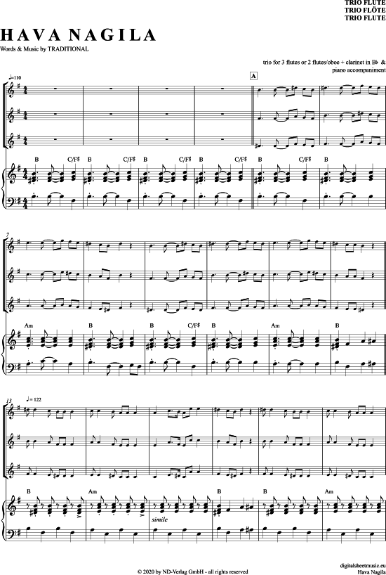 Hava Nagila (Fl ten Trio + Klavier) (Trio (Fl te)) von Traditional